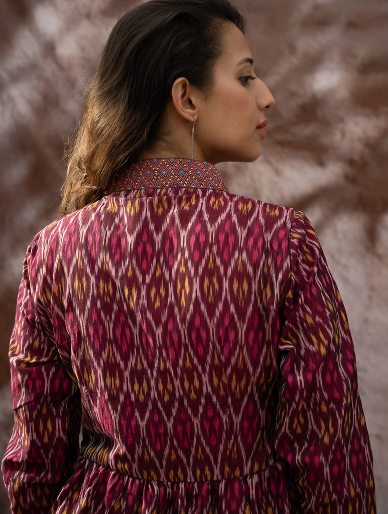 Elegant Classic. Light, Soft Ikat Handwoven Long Kurta Set - Crimson Tints
