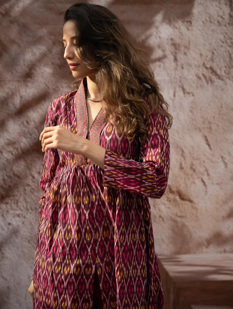 Elegant Classic. Light, Soft Ikat Handwoven Long Kurta Set - Crimson Tints