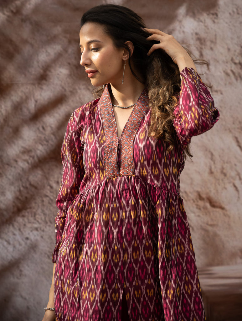 Elegant Classic. Light, Soft Ikat Handwoven Long Kurta Set - Crimson Tints