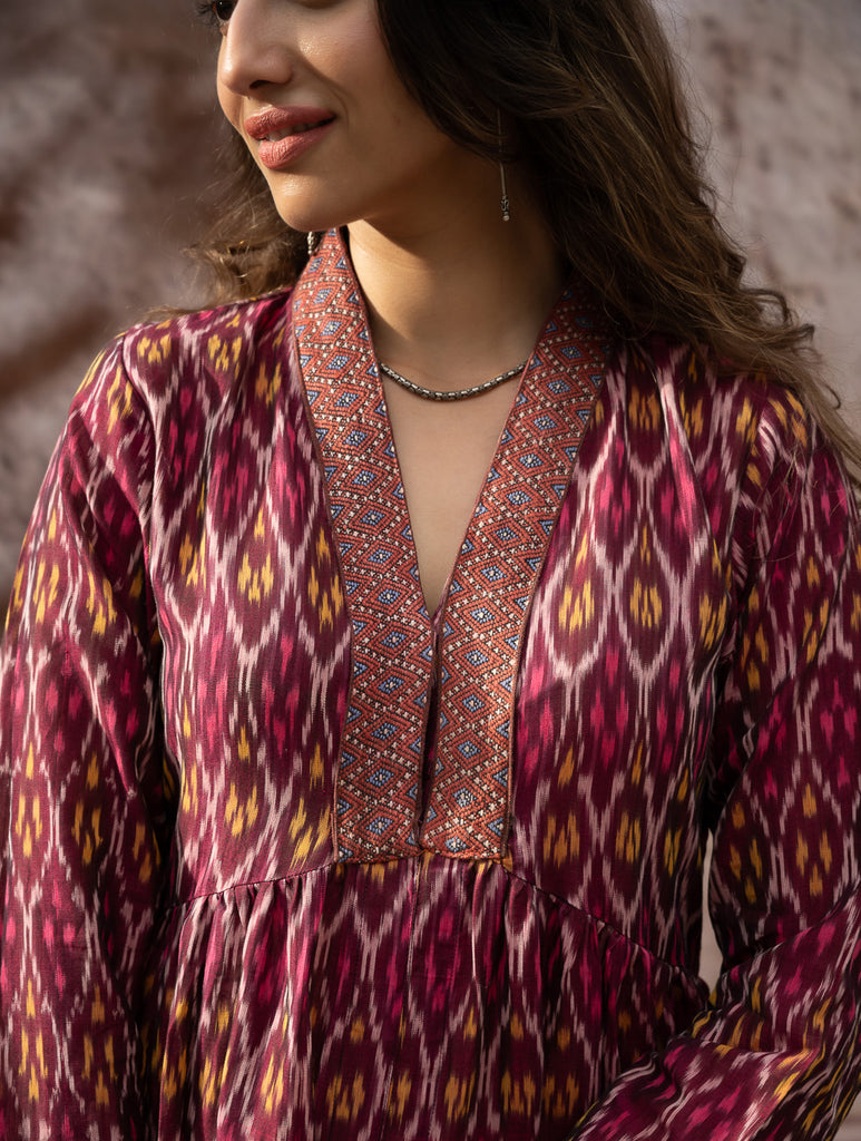 Elegant Classic. Light, Soft Ikat Handwoven Long Kurta Set - Crimson Tints