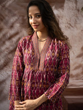 Load image into Gallery viewer, Elegant Classic. Light, Soft Ikat Handwoven Long Kurta Set - Crimson Tints
