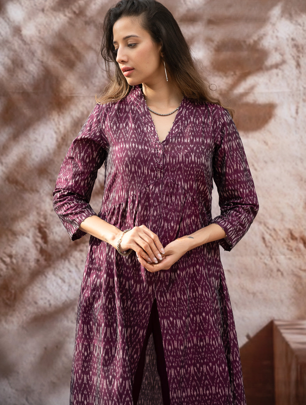 Elegant Classic. Light, Soft Ikat Handwoven Long Kurta Set - Purple Abstract (Set of Two)