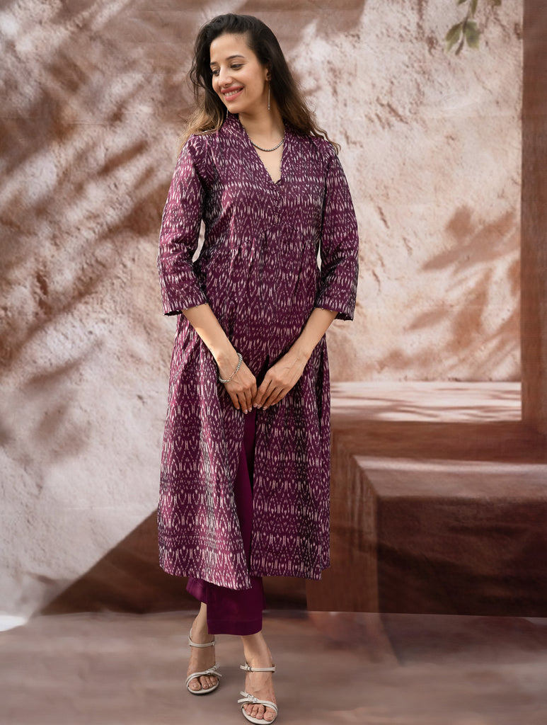 Elegant Classic. Light, Soft Ikat Handwoven Long Kurta Set - Purple Abstract (Set of Two)