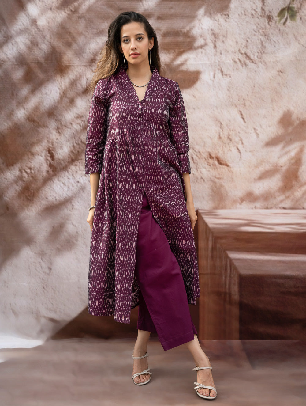 Elegant Classic. Light, Soft Ikat Handwoven Long Kurta Set - Purple Abstract (Set of Two)