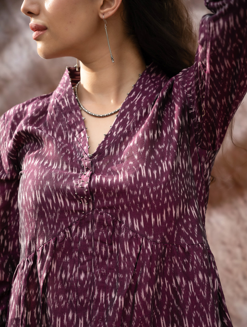 Elegant Classic. Light, Soft Ikat Handwoven Long Kurta Set - Purple Abstract (Set of Two)