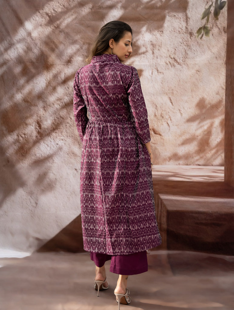 Elegant Classic. Light, Soft Ikat Handwoven Long Kurta Set - Purple Abstract (Set of Two)