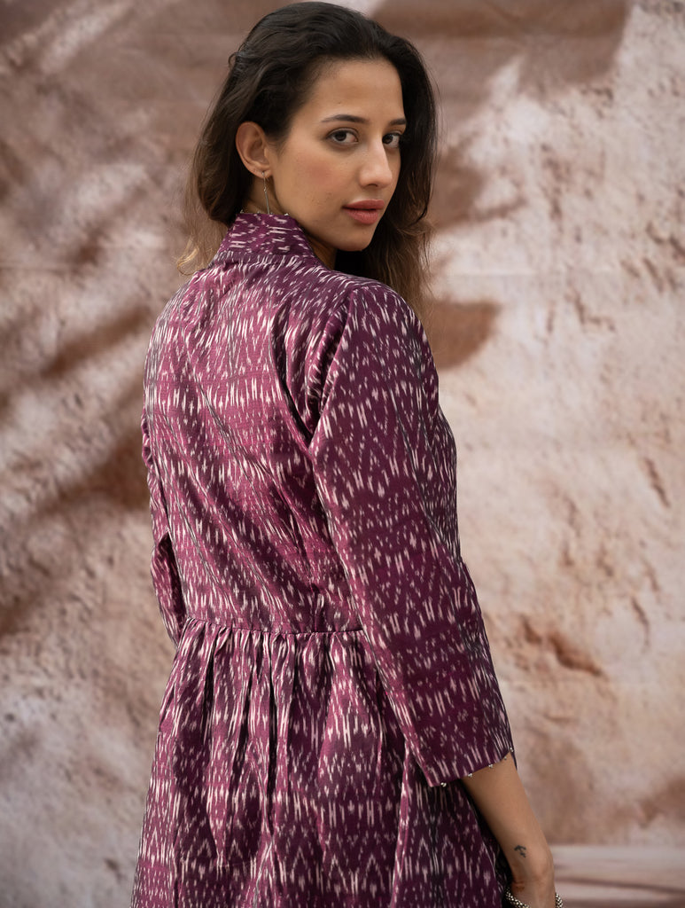 Elegant Classic. Light, Soft Ikat Handwoven Long Kurta Set - Purple Abstract (Set of Two)