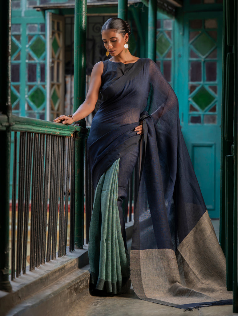 Elegant Handwoven Bengal Linen Saree - Midnight Whisper