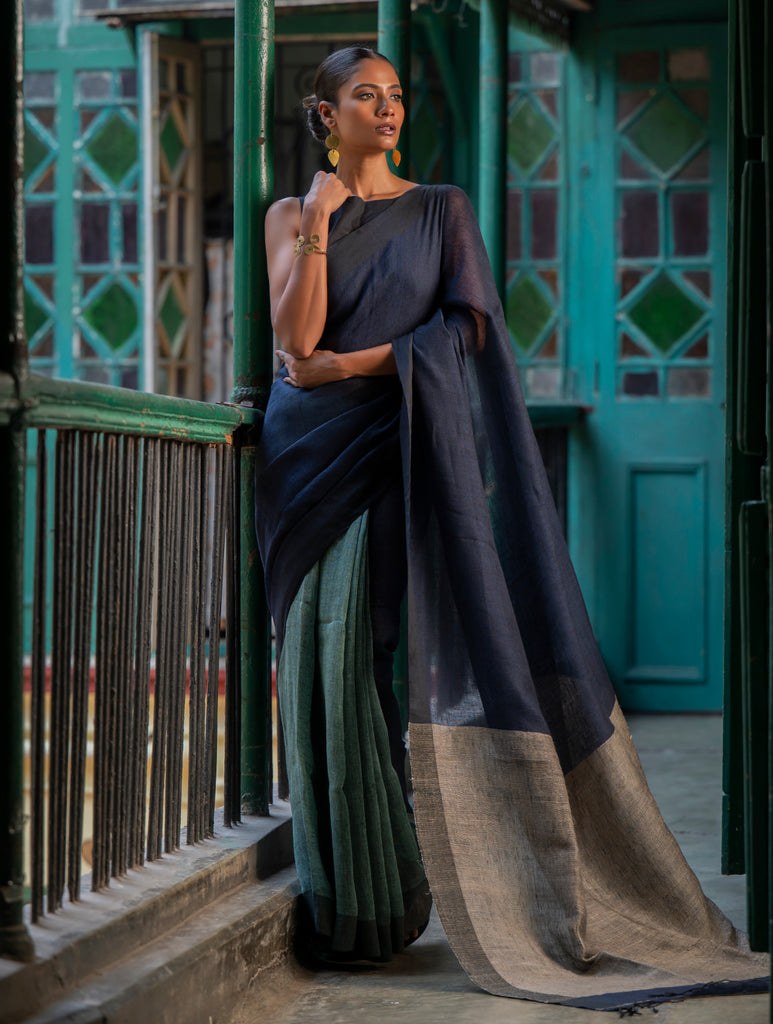 Elegant Handwoven Bengal Linen Saree - Midnight Whisper