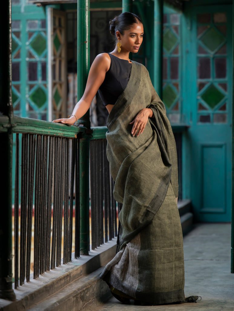 Elegant Handwoven Bengal Linen Saree - Mint Moods