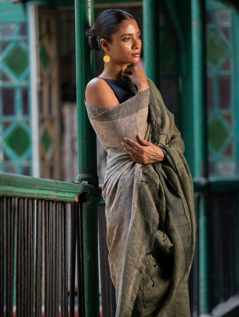 Elegant Handwoven Bengal Linen Saree - Mint Moods