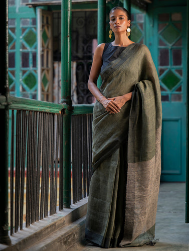 Elegant Handwoven Bengal Linen Saree - Mint Moods