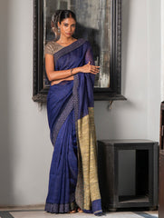 Elegant Kantha Embroidered Handwoven Bengal Linen Saree - Blue Elegance