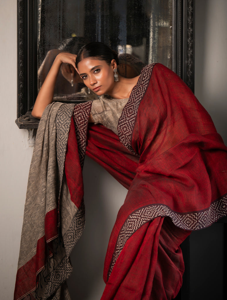 Elegant Kantha Embroidered Handwoven Bengal Linen Saree - Rosebay