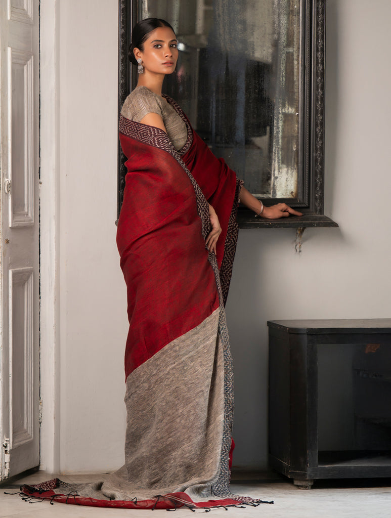 Elegant Kantha Embroidered Handwoven Bengal Linen Saree - Rosebay