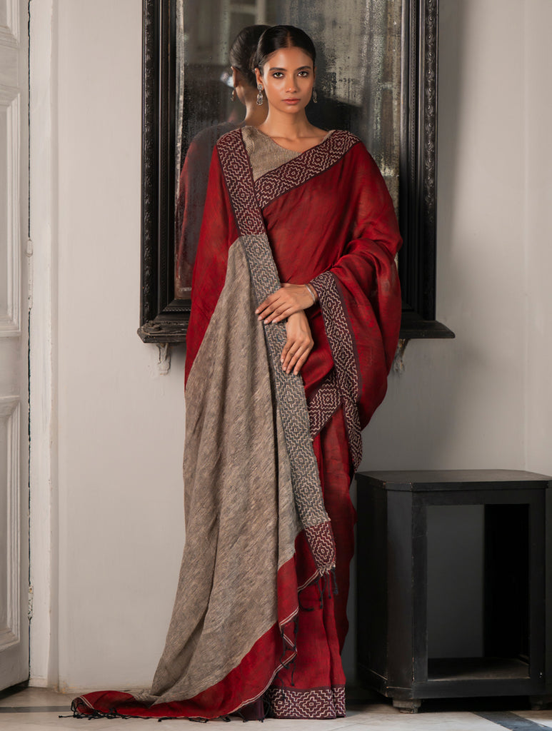Elegant Kantha Embroidered Handwoven Bengal Linen Saree - Rosebay