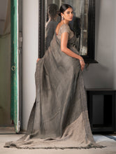 Load image into Gallery viewer, Elegant Kantha Embroidered Handwoven Bengal Linen Saree - Smokeleaf