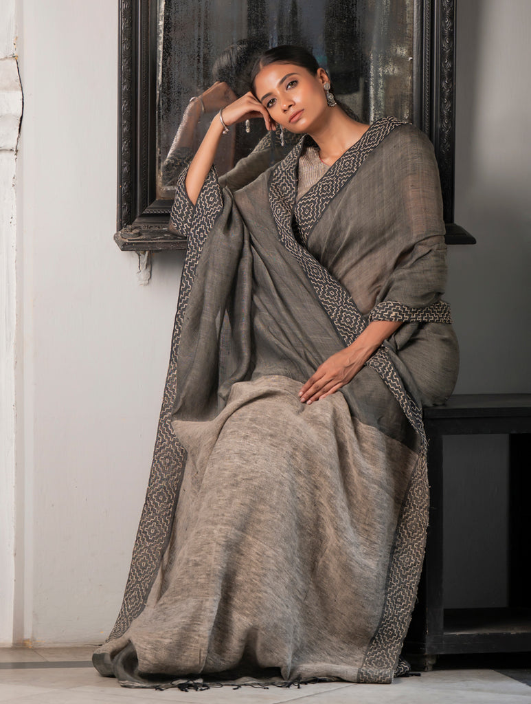 Elegant Kantha Embroidered Handwoven Bengal Linen Saree - Smokeleaf
