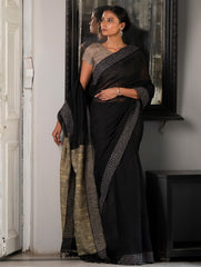 Elegant Kantha Embroidered Handwoven Bengal Linen Saree - Twilight Draft