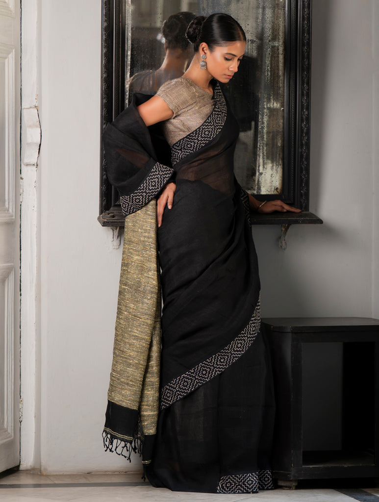 Elegant Kantha Embroidered Handwoven Bengal Linen Saree - Twilight Draft