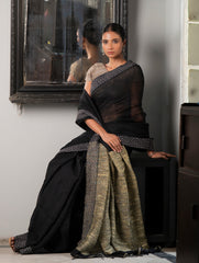 Elegant Kantha Embroidered Handwoven Bengal Linen Saree - Twilight Draft