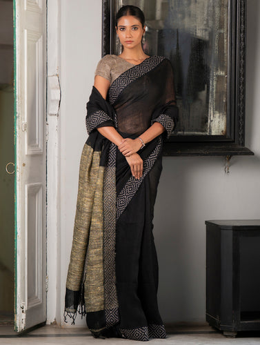 Elegant Kantha Embroidered Handwoven Bengal Linen Saree - Twilight Draft