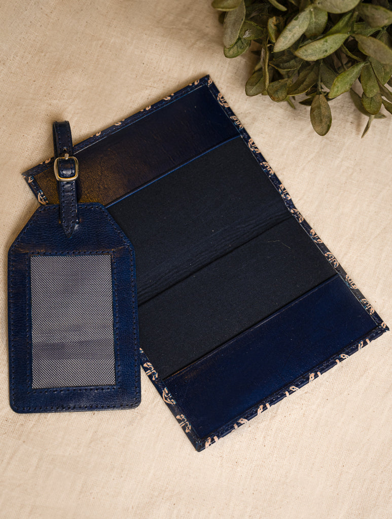 Embossed Leather Travel Set - Blue Anchor (Set of 2)