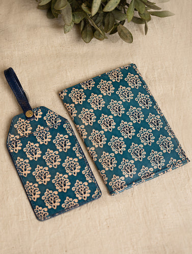 Embossed Leather Travel Set - Blue Flora (Set of 2)