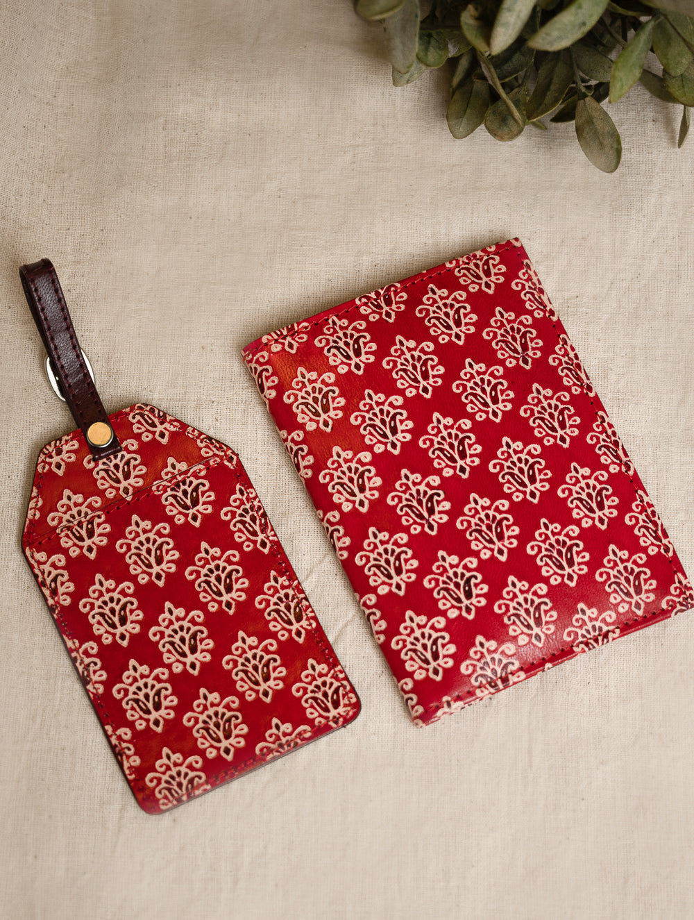Load image into Gallery viewer, Embossed Leather Travel Set - Red Flora (Set of 2)