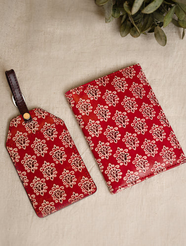 Embossed Leather Travel Set - Red Flora (Set of 2)