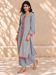 Ethnic Weaves. Bengal Handwoven Jamdani Light & Soft Mul Cotton Loose Fit Kurta - Soft Grey, (2 pc set)