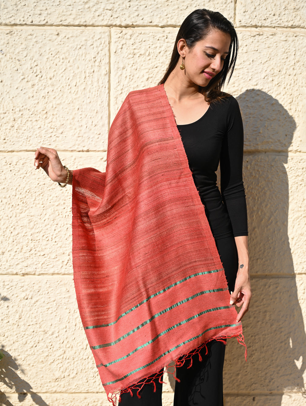 Load image into Gallery viewer, Exclusive Bhagalpur Tussar Silk Stole - Coral Sea