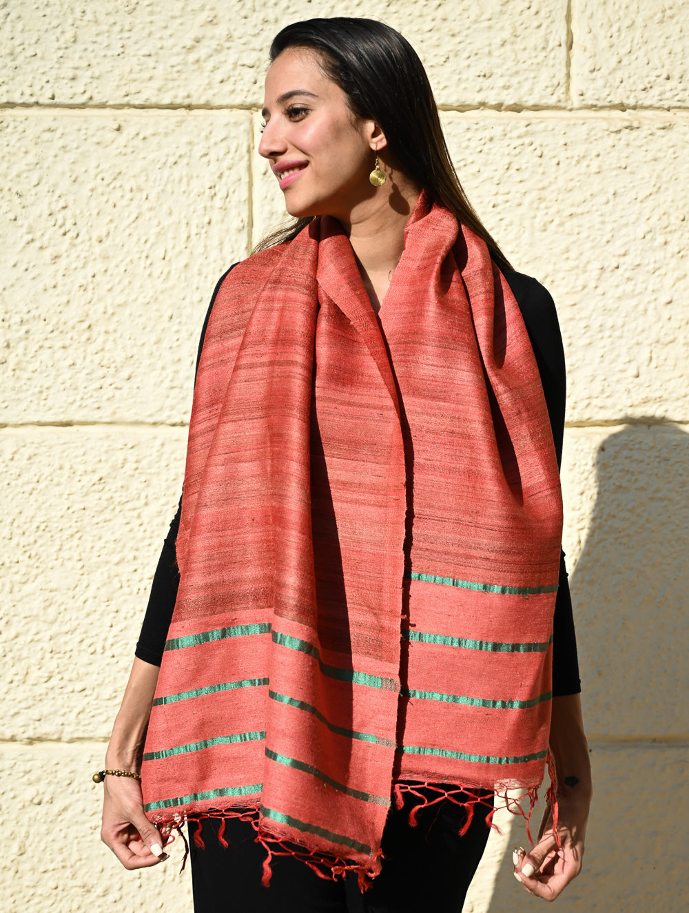 Load image into Gallery viewer, Exclusive Bhagalpur Tussar Silk Stole - Coral Sea