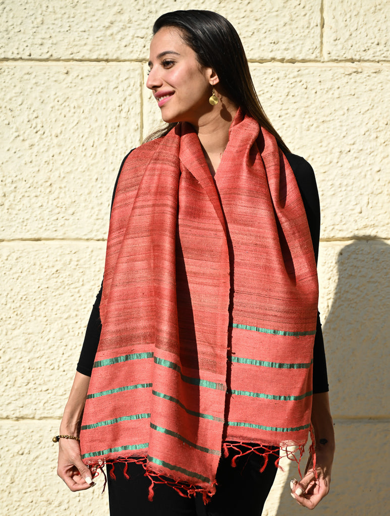 Exclusive Bhagalpur Tussar Silk Stole - Coral Sea