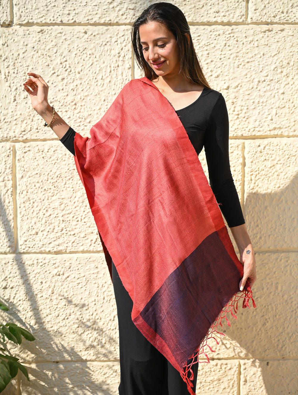 Load image into Gallery viewer, Exclusive Bhagalpur Tussar Silk Stole - Crimson Bark