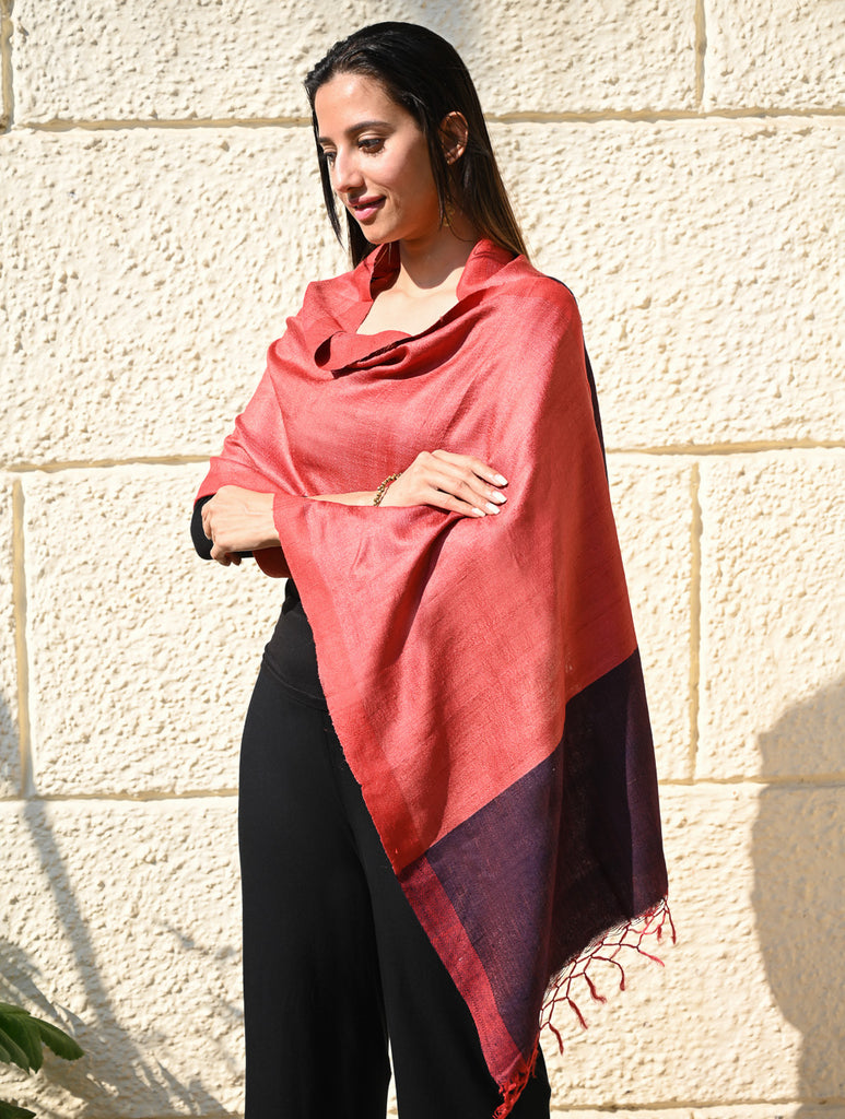 Exclusive Bhagalpur Tussar Silk Stole - Crimson Bark