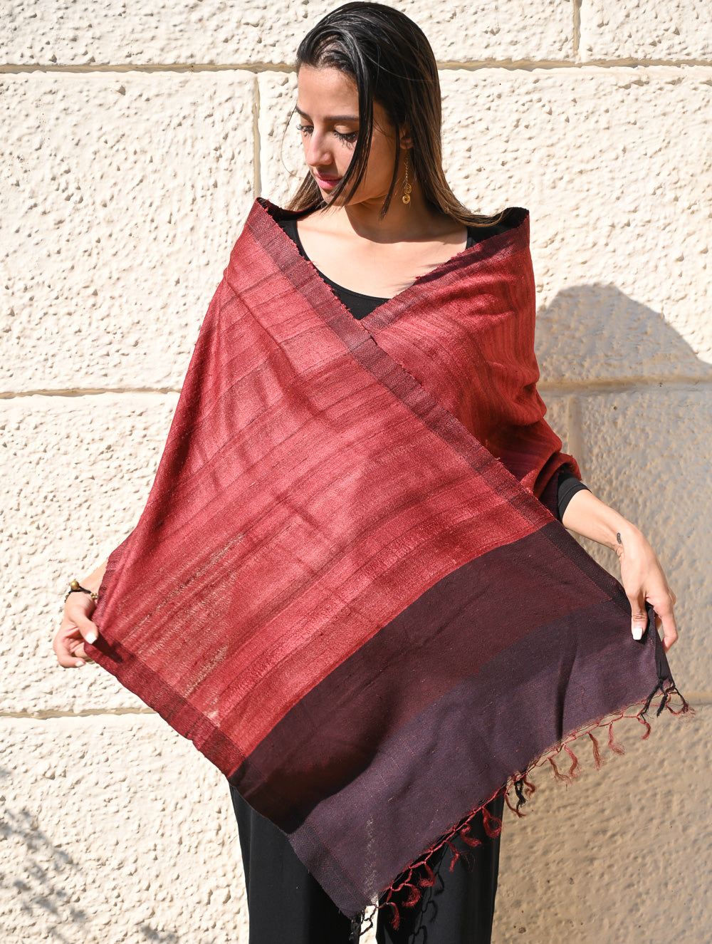 Exclusive Bhagalpur Tussar Silk Stole - Garnet Dusk