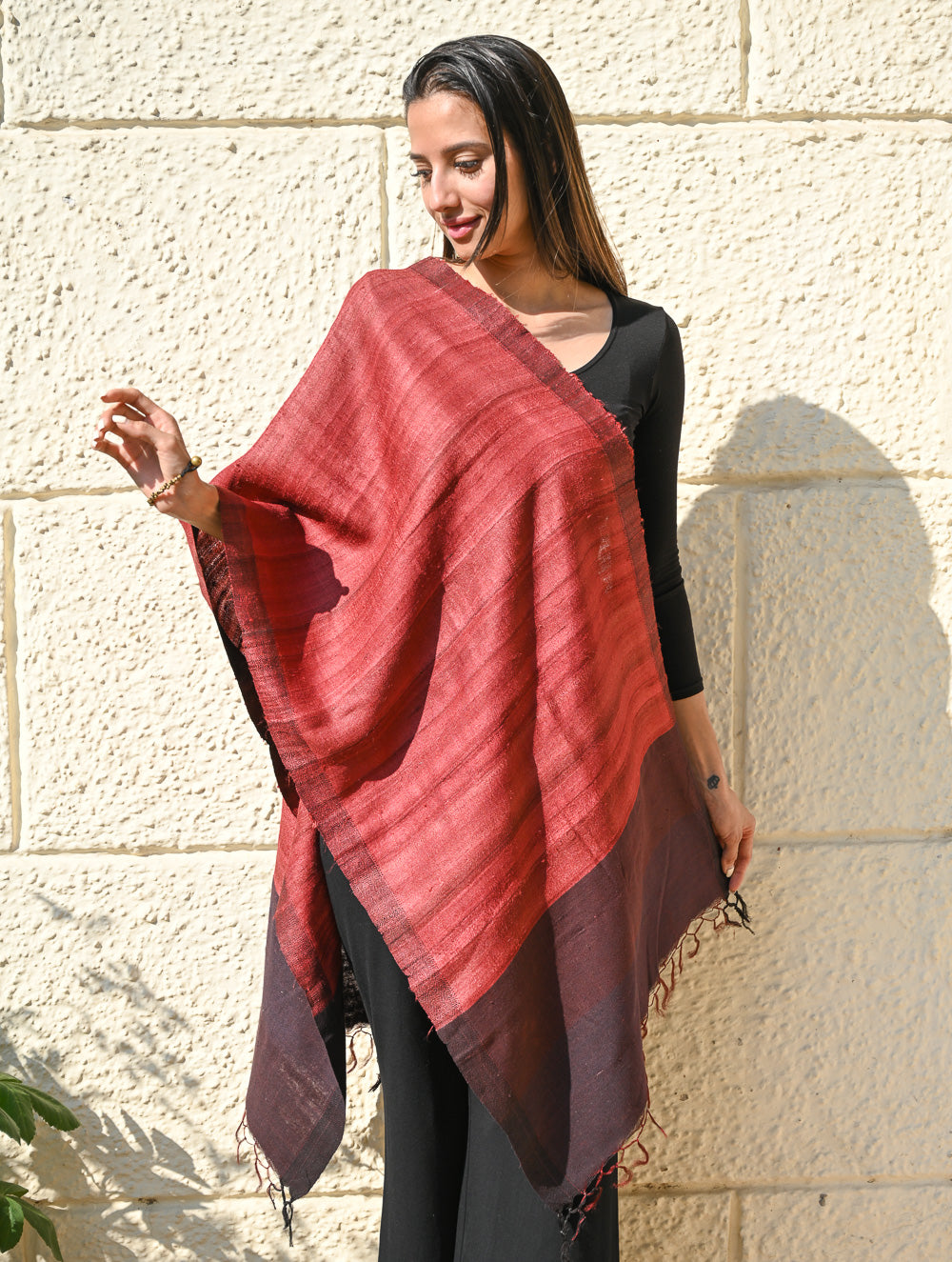 Exclusive Bhagalpur Tussar Silk Stole - Garnet Dusk