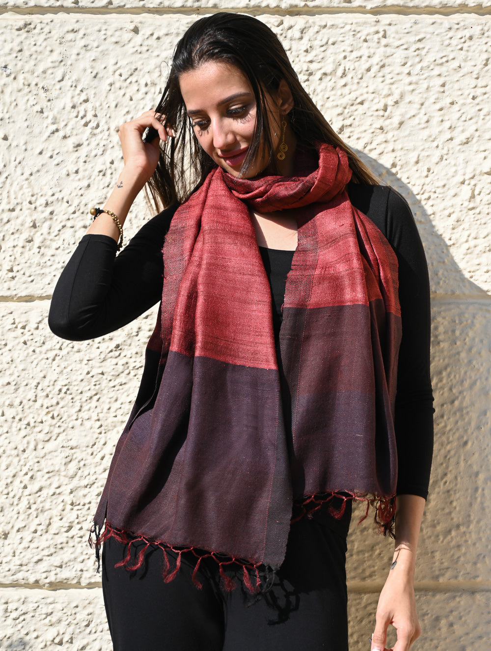 Exclusive Bhagalpur Tussar Silk Stole - Garnet Dusk