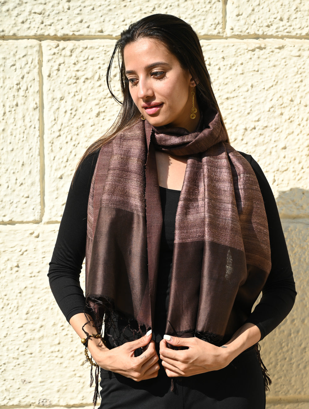 Exclusive Bhagalpur Tussar Silk Stole - Taupe Smoked 