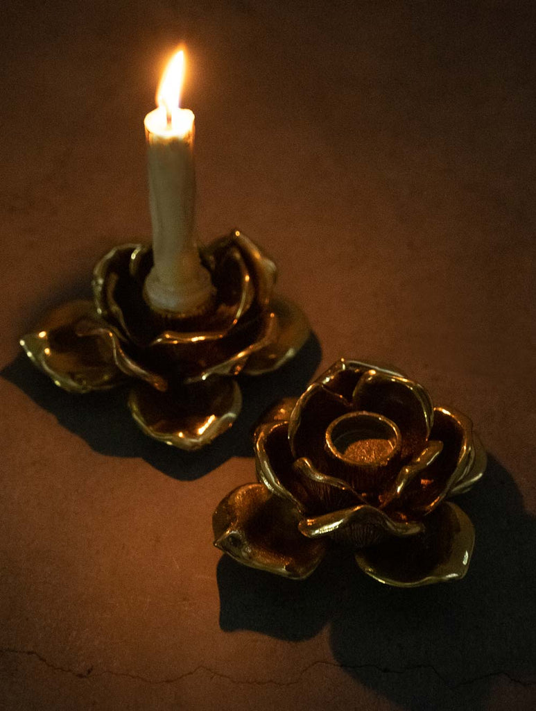 Exclusive Brass Candle Holders (Set of 2) - Roses