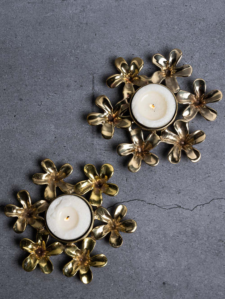 Exclusive Brass Tealight Holders (Set of 2) - Champa Flowers
