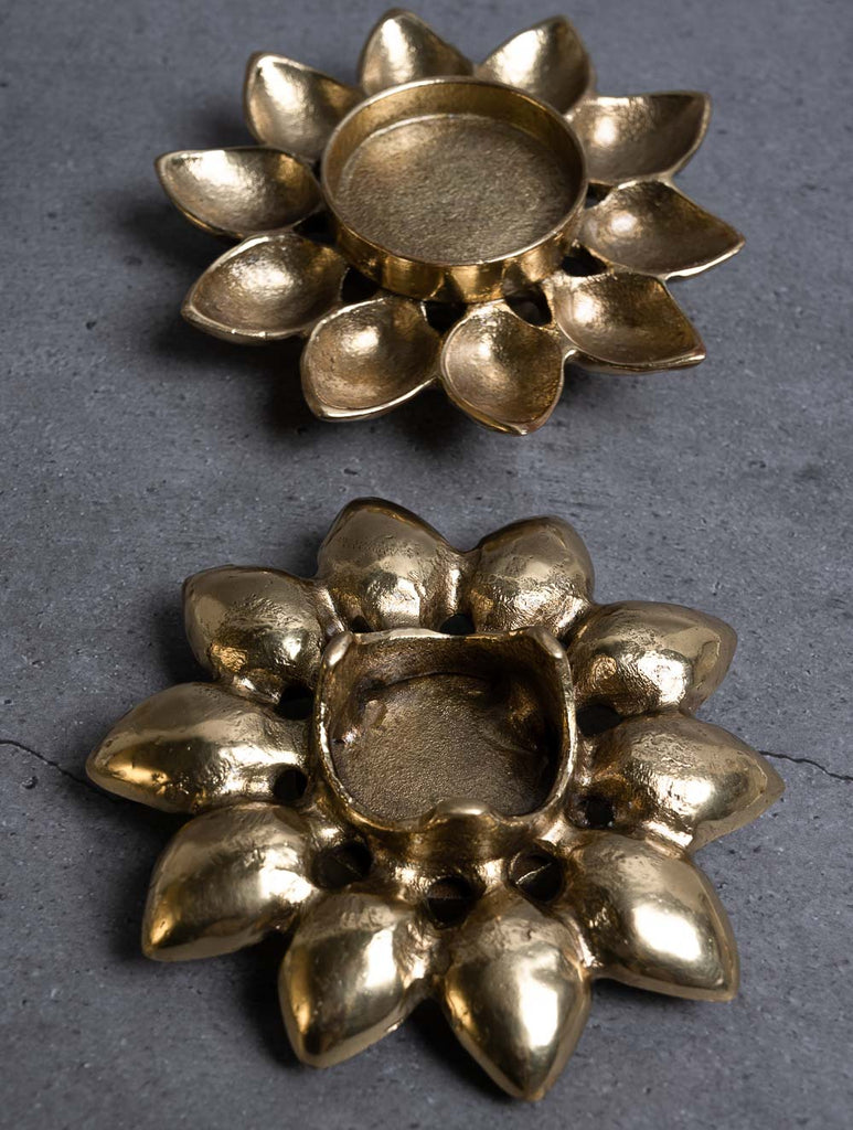 Exclusive Brass Tealight Holders (Set of 2) - Lotus Flowers