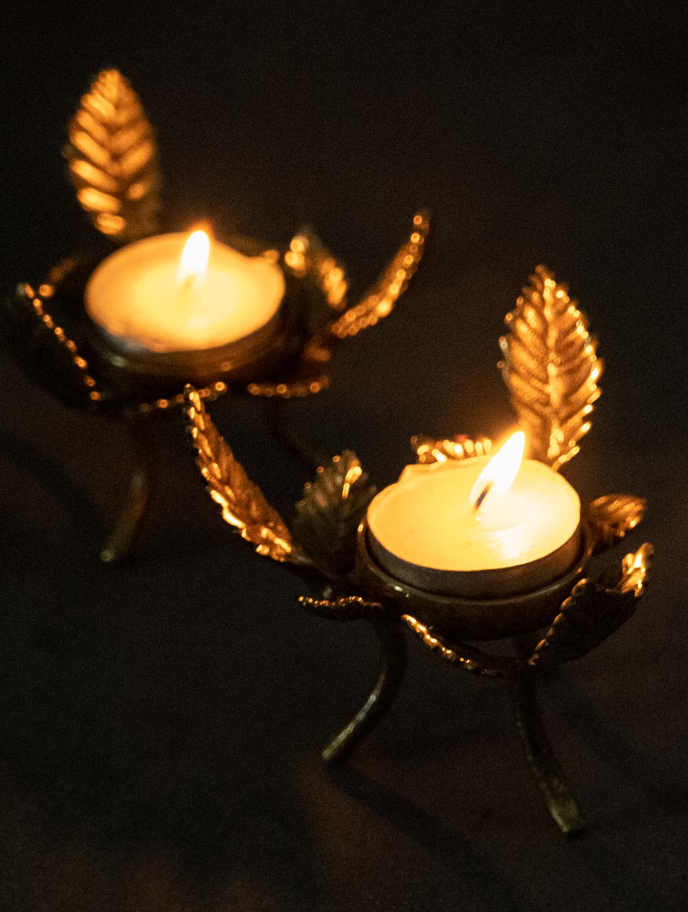 Exclusive Brass Tealight Holders (Set of 2) - Rose Leaves
