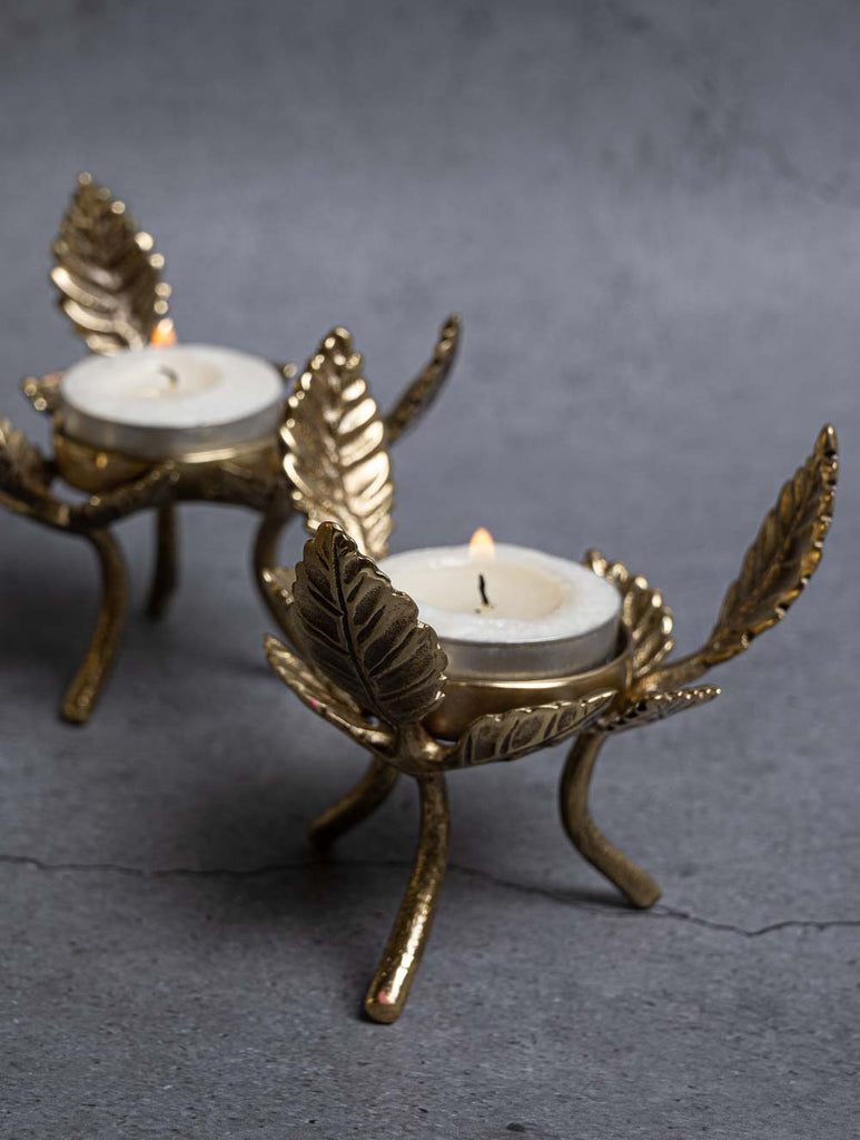 Exclusive Brass Tealight Holders (Set of 2) - Rose Leaves