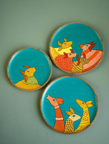 Exclusive Gond Art Wooden Wall Plate / Table Curio - Cows & Deer Trio (Set of 3)