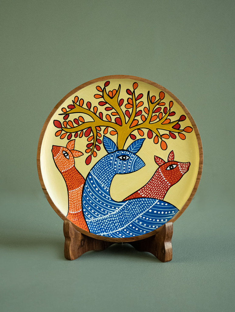 Exclusive Gond Art Wooden Wall Plate / Table Curio - Cream Deer 