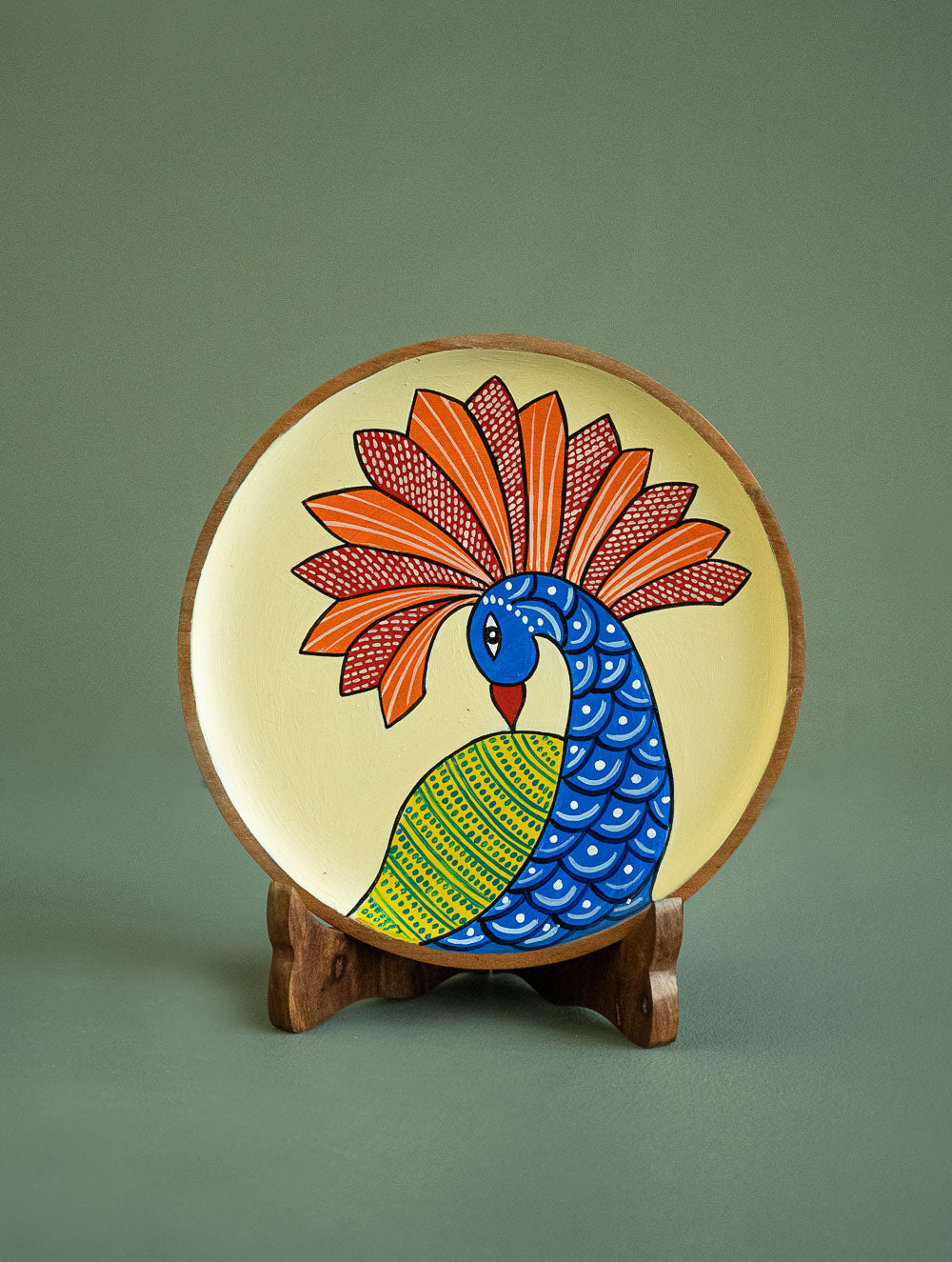 Load image into Gallery viewer, Exclusive Gond Art Wooden Wall Plate / Table Curio - Cream Peacock