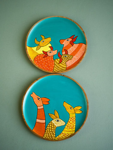 Exclusive Gond Art Wooden Wall Plate / Table Curio - Deer & Cow Duo (Set of 2)