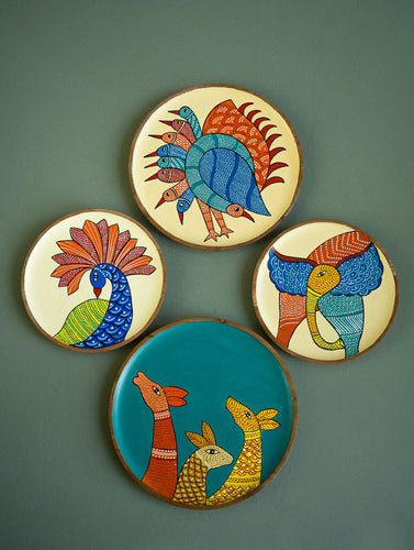Exclusive Gond Art Wooden Wall Plate / Table Curio - Fauna Medley (Set of 4)